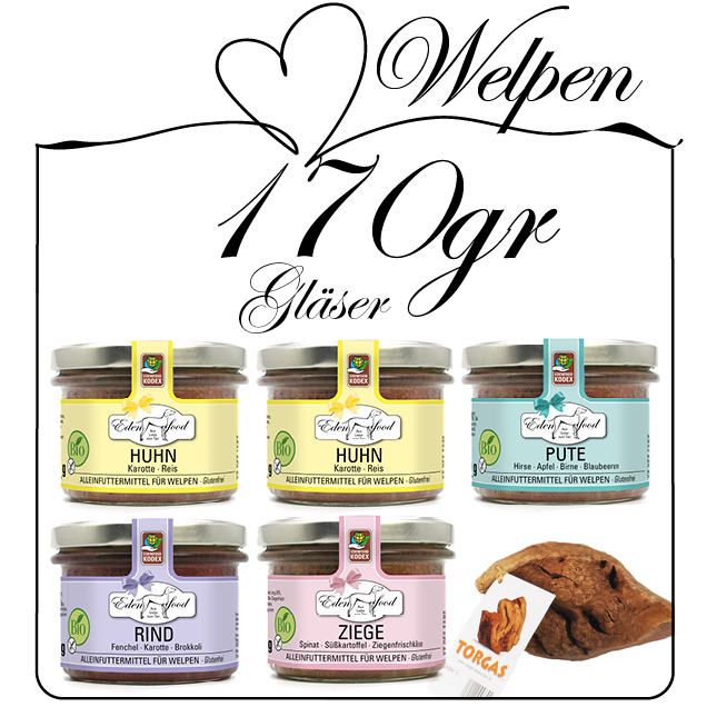 Probierpaket Welpe - 5x170g + TORGAS Kauwurzel