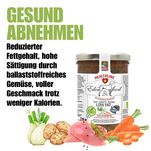 Edenfood Healthline Gesund Abnehmen – Low Fat Hundemenü Pute, Karotte, Fenchel – fettreduziertes Diätfuttermittel für übergewichtige Hunde, mit Tierärzten entwickelt