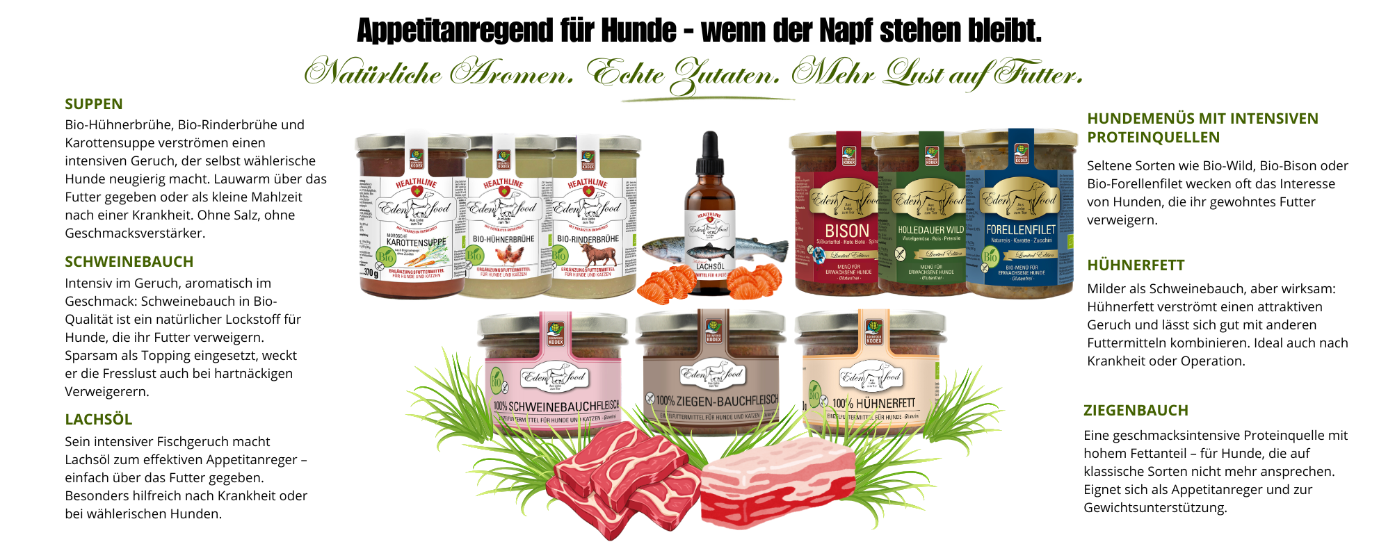 Edenfood Appetitanregend Sortiment – Morosche Karottensuppe, Bio-Hühnerbrühe, Bio- Rinderbrühe, Bison-Menü, Holledauer Wildmenü, Forellenfilet-Menü, 100% Schweinebauchfleisch, 100% Hühnerfett und 100% Ziegen-Bauchfleisch, Lachsöl – natürliche Appetitanreger für Hunde ohne künstliche Aromen, aus der Gutshofküche Bayern