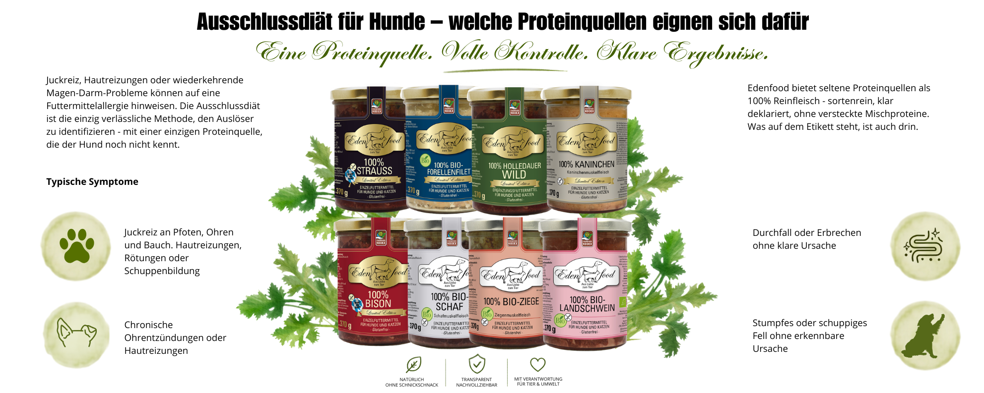 Edenfood Ausschlussdiät Sortiment – 100% Strauß, 100% Bio-Forellenfilet, 100% Bio- Landschwein, 100% Kaninchen, 100% Bison, 100% Bio-Schaf, 100% Bio-Ziege und 100% Holledauer Wild – seltene Monoprotein-Quellen in Bio-Qualität für die Ausschlussdiät bei Hunden mit Futtermittelallergien, ohne Zusatzstoffe, aus der Gutshofküche Bayern