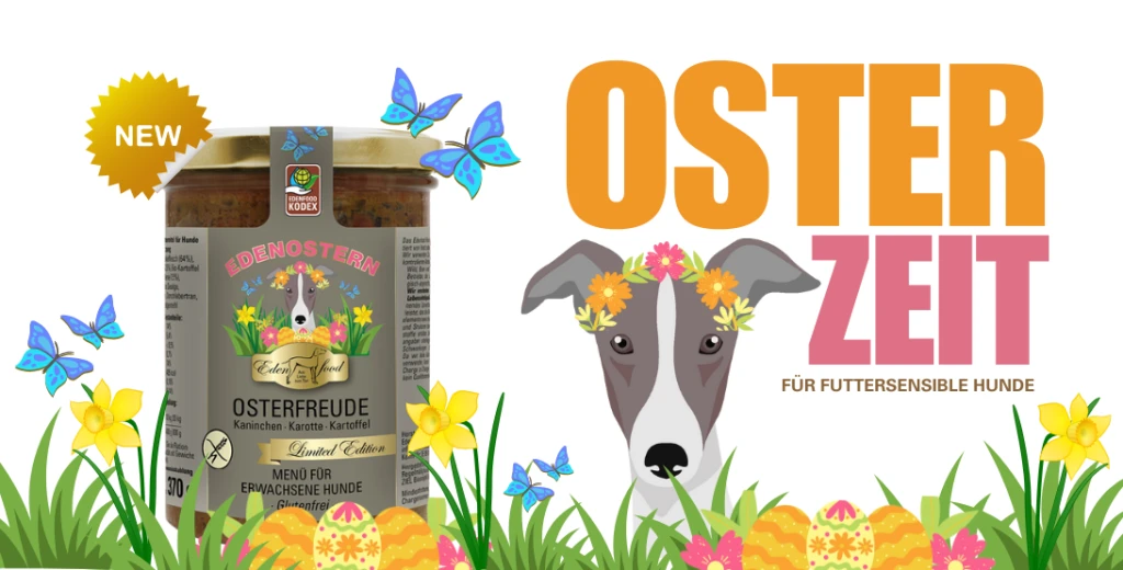 Hundemenü Osterfreude Limited Edition: Bio-Nassfutter mit Kaninchenmuskelfleisch, Karotten und Kartoffeln im 370g Glas