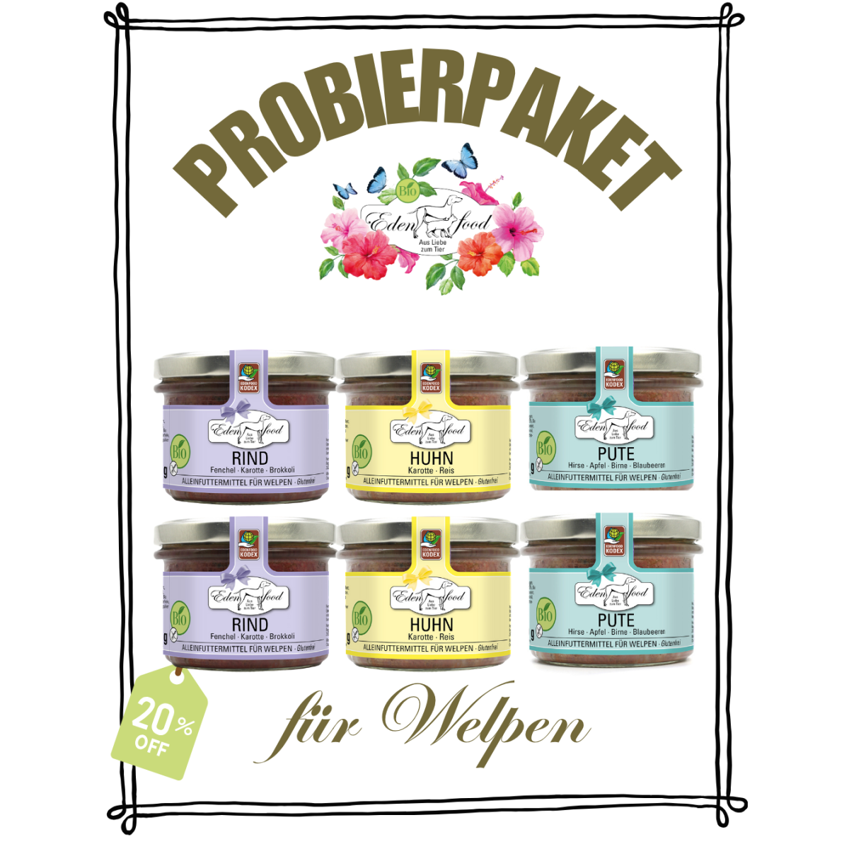Probierpaket für Welpen – 6 x Bio-Nassfutter zum 