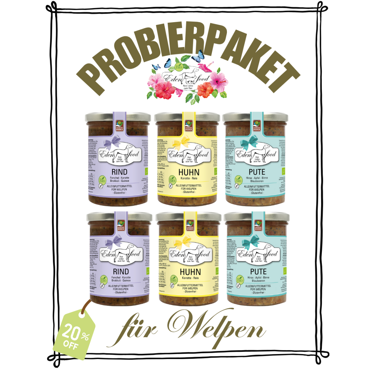 Probierpaket für Welpen – 6 x Bio-Nassfutter zum 